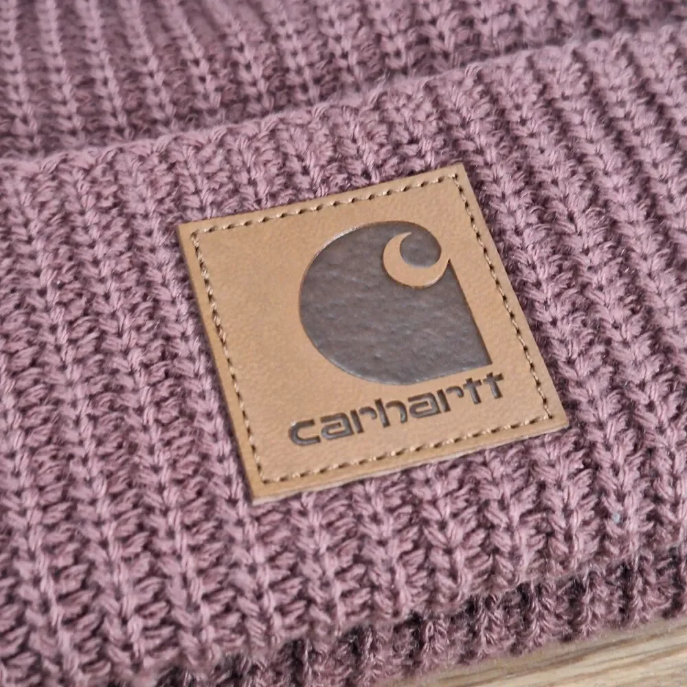 Carhartt Womens Hat Pink Pom Fleece Lined Knit Faux Fur Beanie Soft Mauve